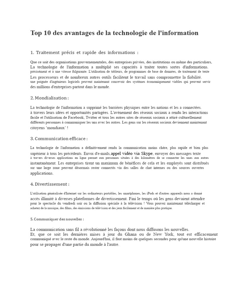 10 Avantages de la Technologie de l'Information | PDF | Informations ...