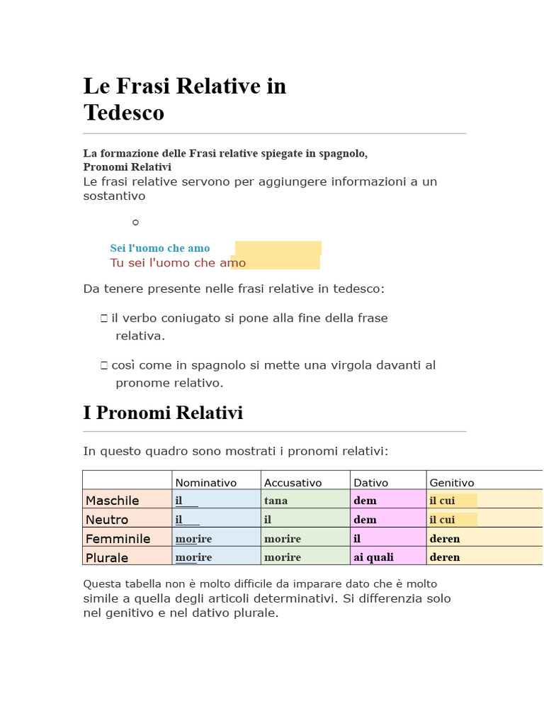 Frasi Subordinate in Tedesco (Relative) | PDF