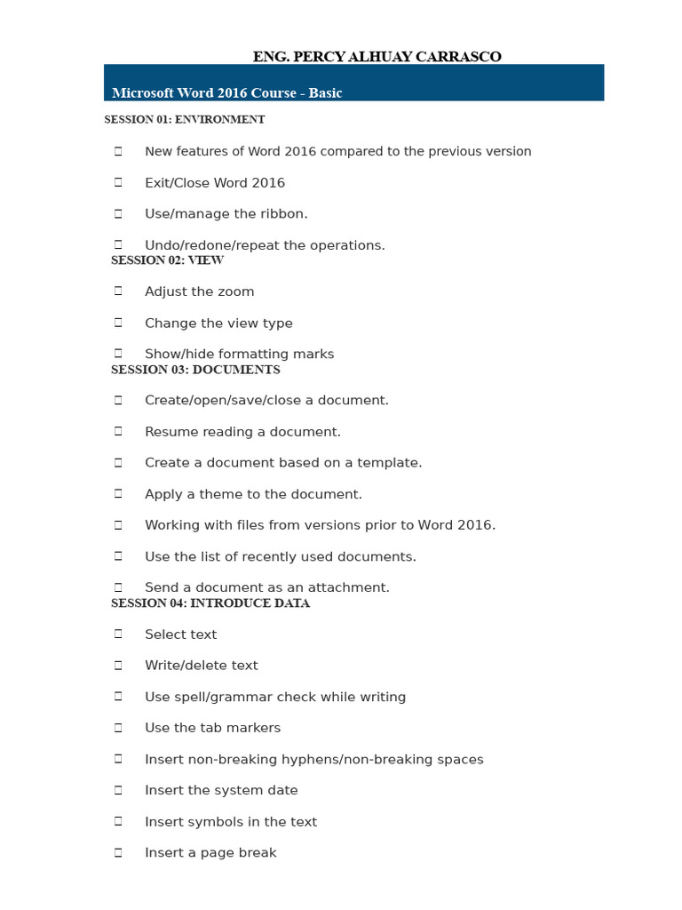 Curriculum of The Microsoft Word 2016 BASIC Course | PDF | Microsoft ...