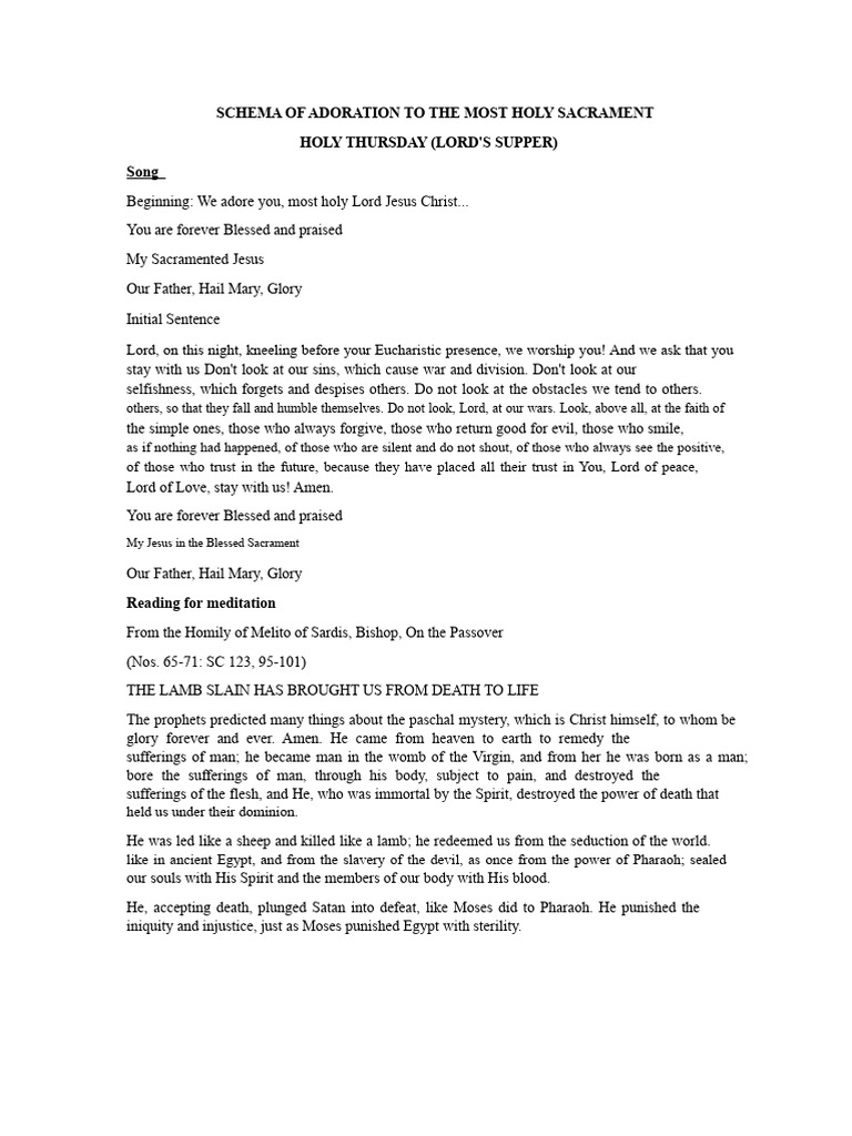 Adoration Schema for Holy Thursday | PDF | Eucharist | Lord's Prayer