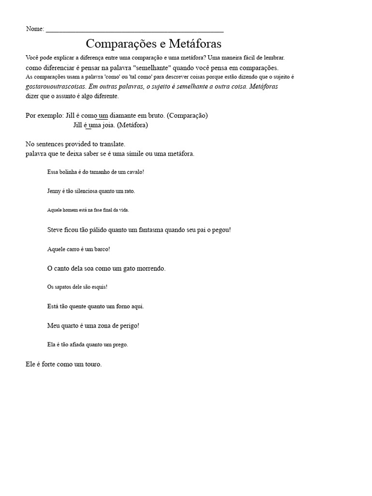 Folha de Exercícios Sobre Símile e Metáfora PDF | PDF | Metáfora