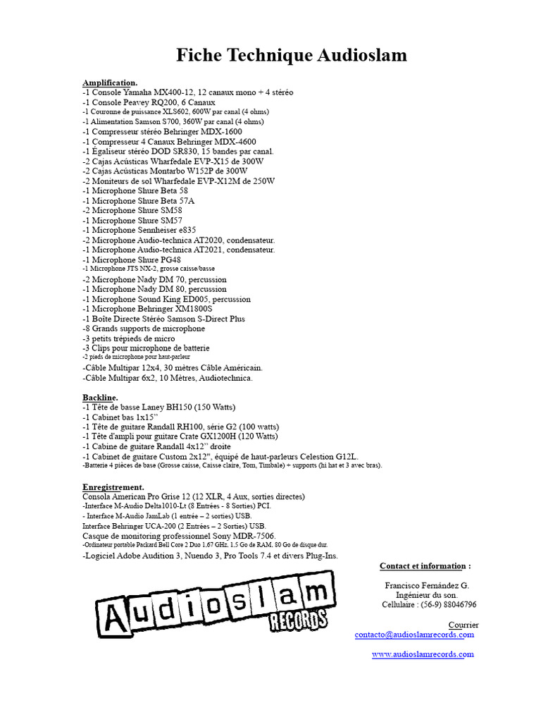 Fiche Technique Équipement Audio | PDF | Microphone | Reproduction et ...