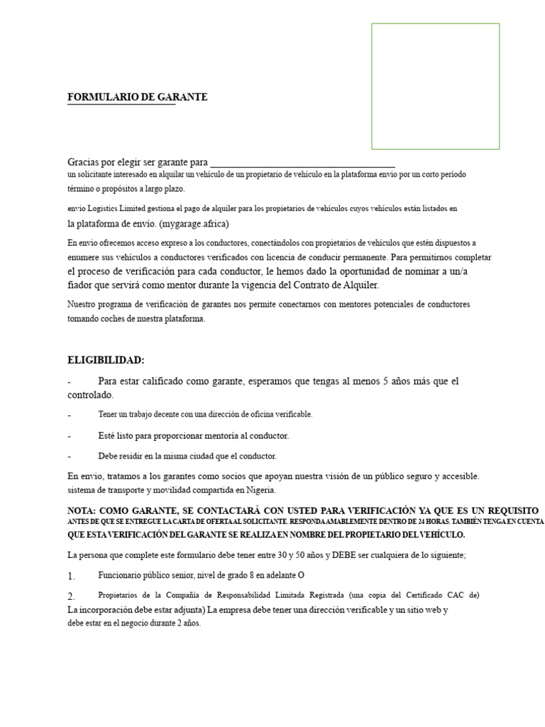 Formulario de Garante para Alquiler de Vehículos | PDF