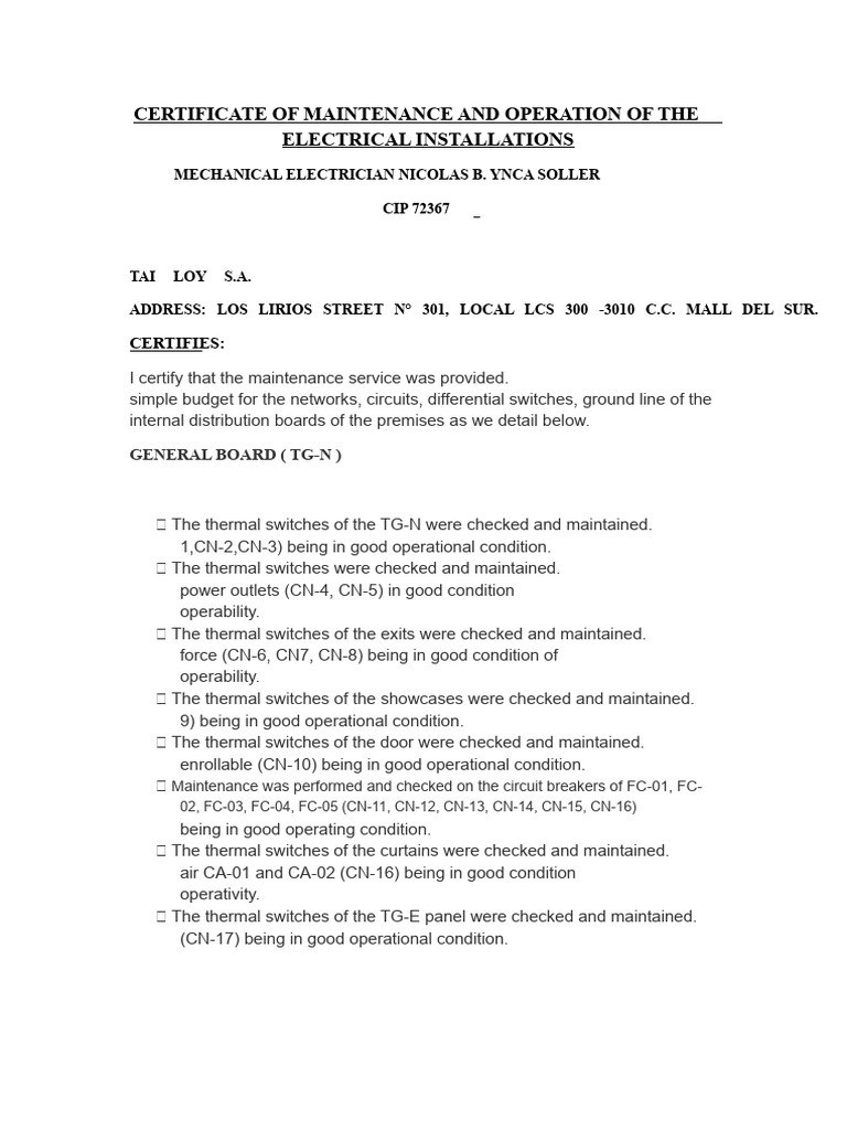 Maintenance Certificate for Gondolero | PDF | Power Engineering | Wire