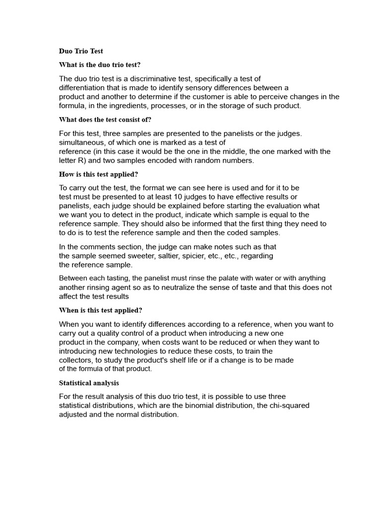 Duo Trio Test: Sensory Difference Analysis | PDF | Chi Squared Test ...