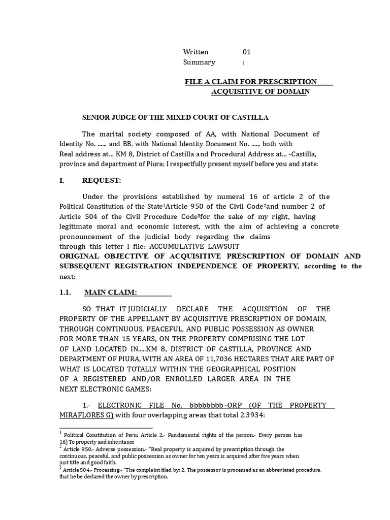 Demand For Acquisitive Prescription of Title | PDF | Lawsuit | Statute ...