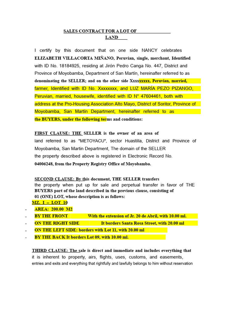 Sales Contract for Land Lot in Moyobamba | PDF | Mortgage Law ...