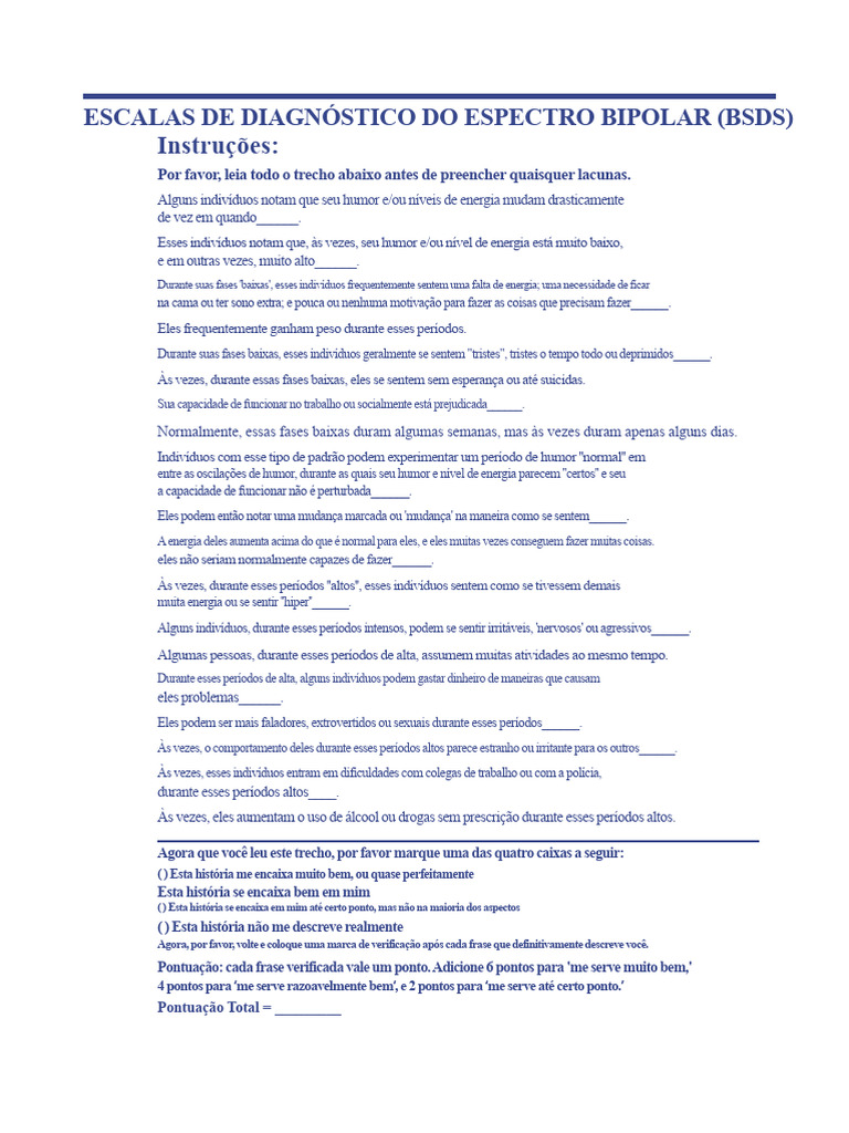 Diagnóstico do Espectro Bipolar: BSDS | PDF | Transtorno bipolar ...