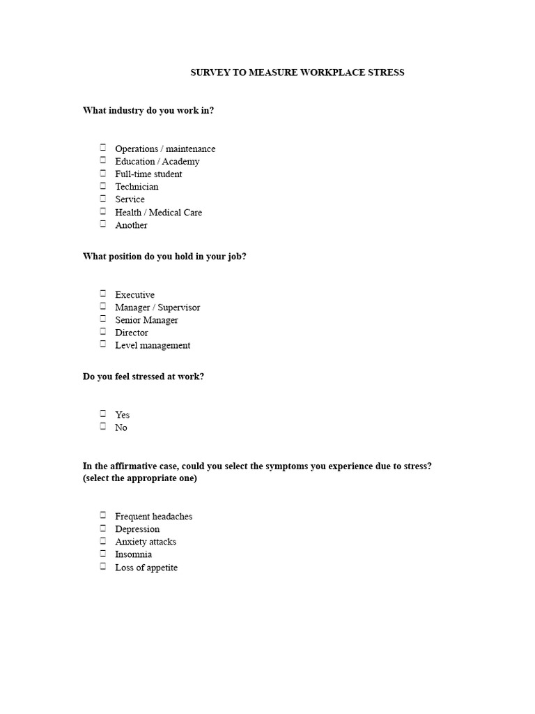 Survey To Measure Work Stress | PDF | Occupational Stress | Stress ...