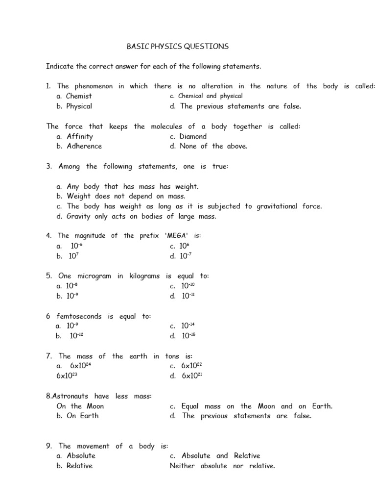 Basic Physics Quiz Questions | PDF | Lever | Force