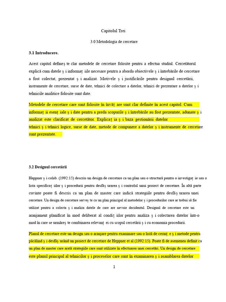 Capitolul Trei 3 0 Metodologia Cercetării 3 1 Introducere | PDF