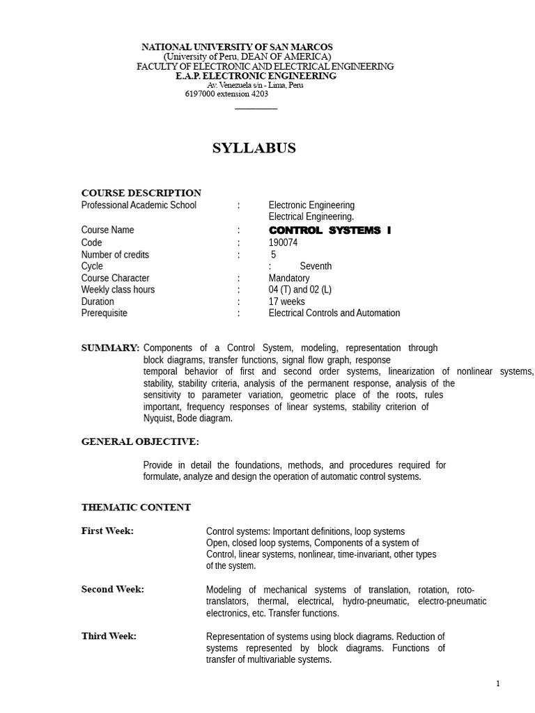 Control Systems I Syllabus - Electronic Engineering | PDF | Stability ...