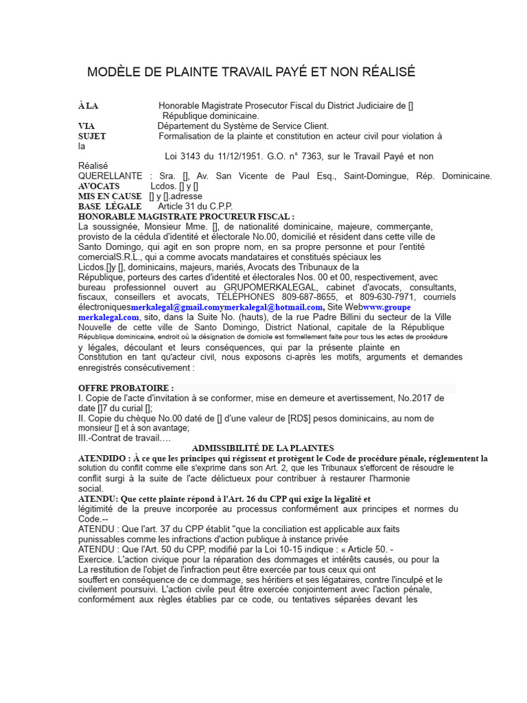 Modèle de plainte pour travail non réalisé | PDF | Faute ...