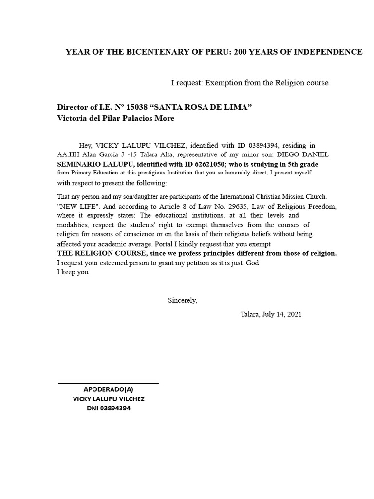 Letter of Exemption Religion | PDF