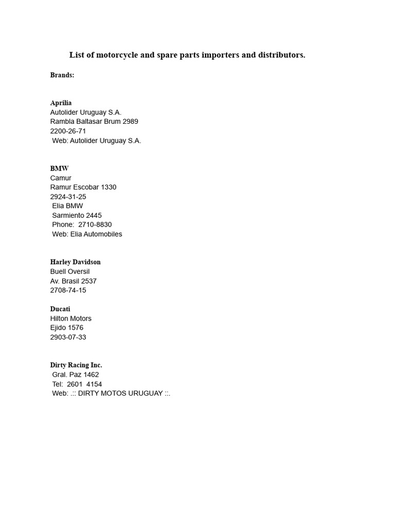 Motorcycle Importers and Distributors List | PDF | Motor Vehicle ...