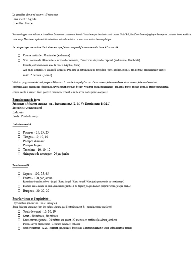 Programme d'entraînement boxe débutant | PDF