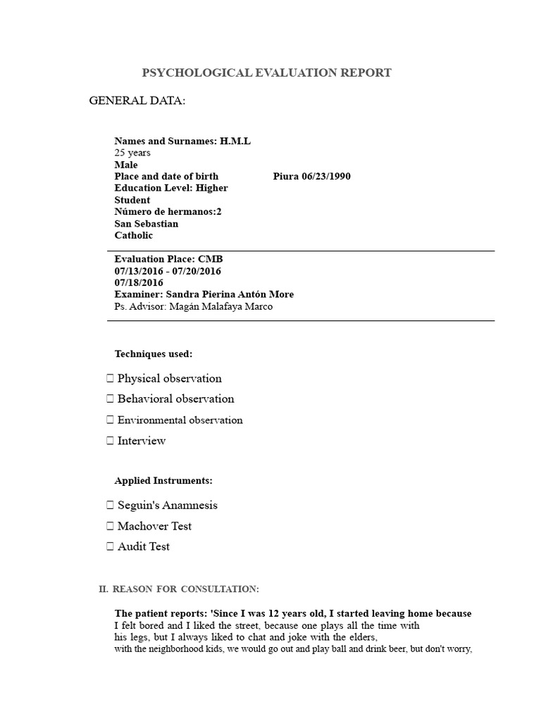 Psychological Evaluation Report | PDF | Substance Dependence | Tuberculosis