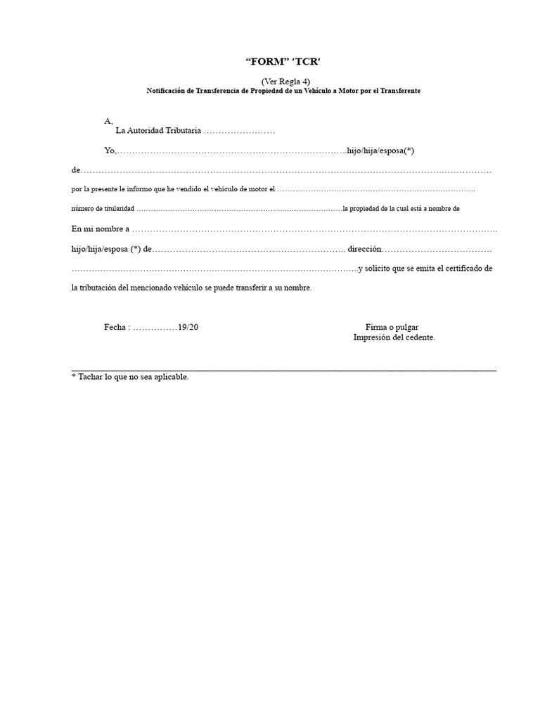 Formulario Rto Tcr- Notificación que debe proporcionarse a la RTO ...