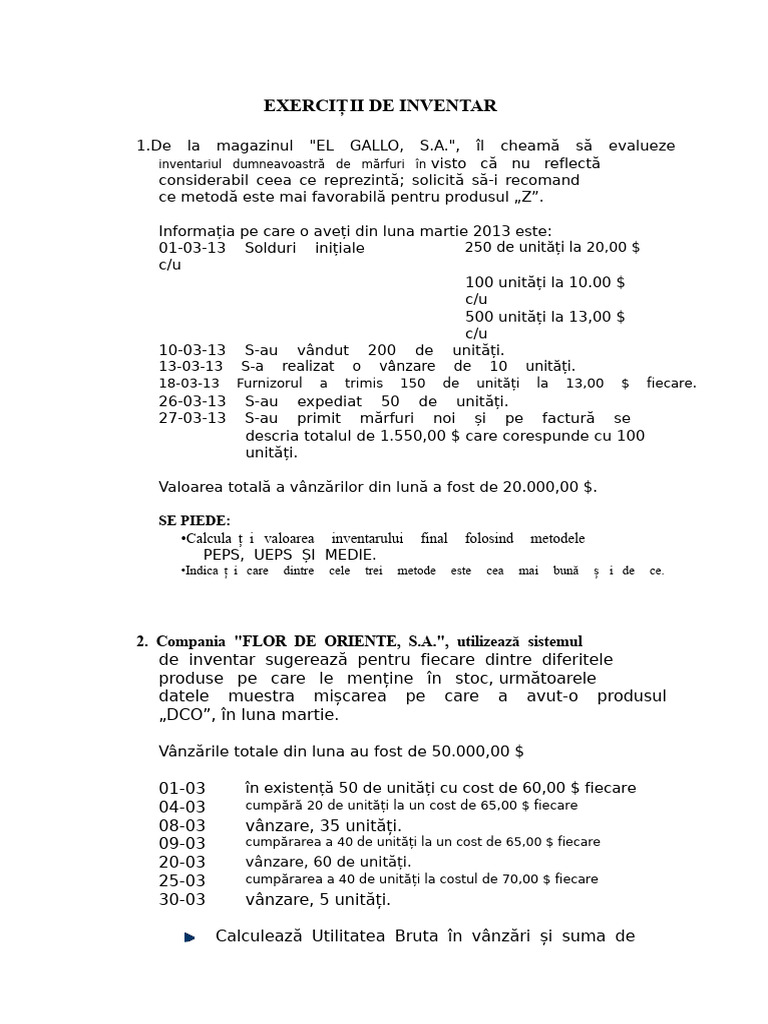Exerciții de Inventar | PDF