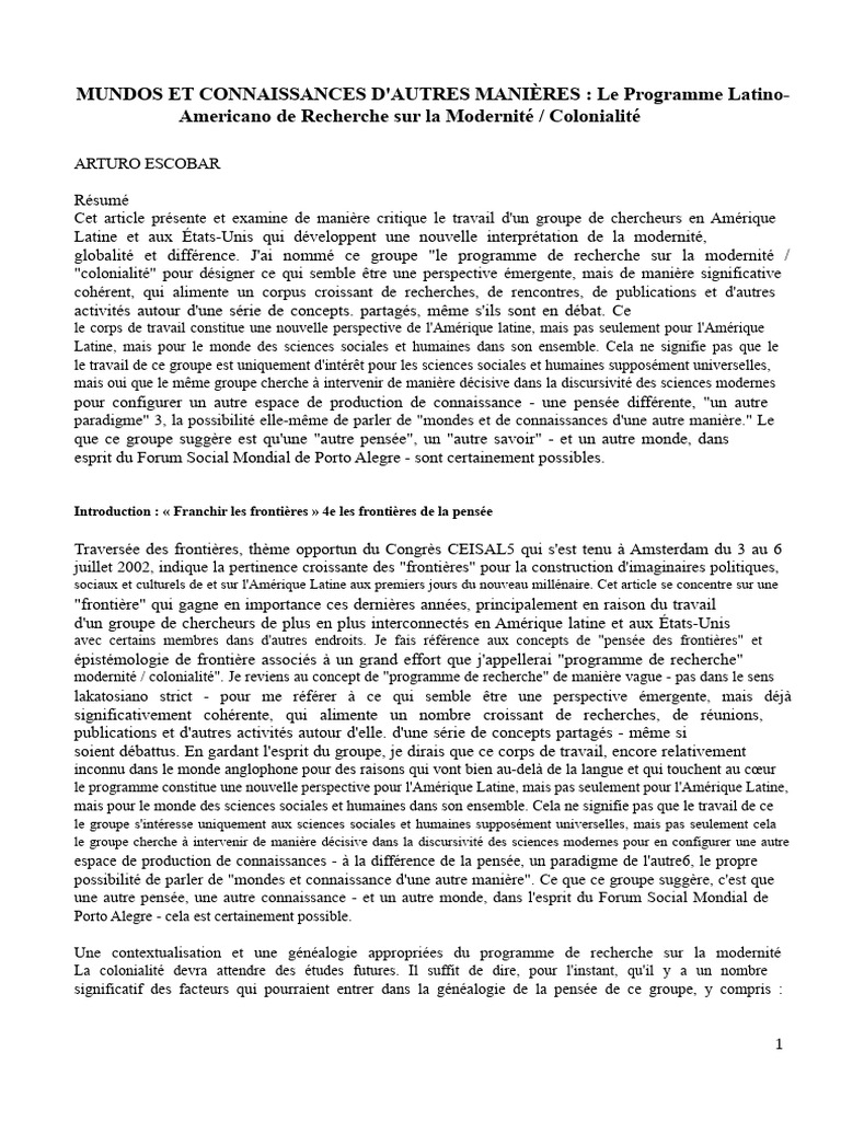 Modernité et Colonialité : Une Nouvelle Perspective | PDF | Modernité ...