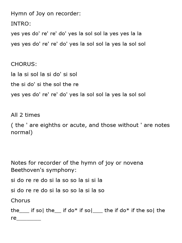Recorder Notes for Hymn of Joy | PDF | Gases | Liquids