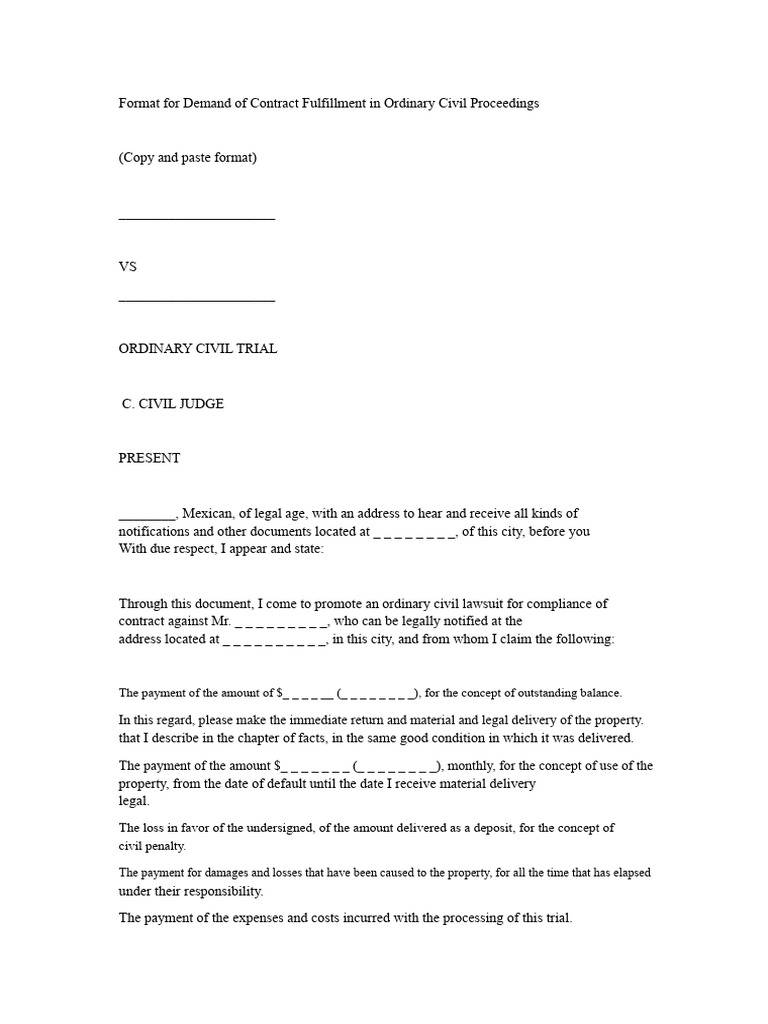 Format For Demand For Performance of Contract in Ordinary Civil ...