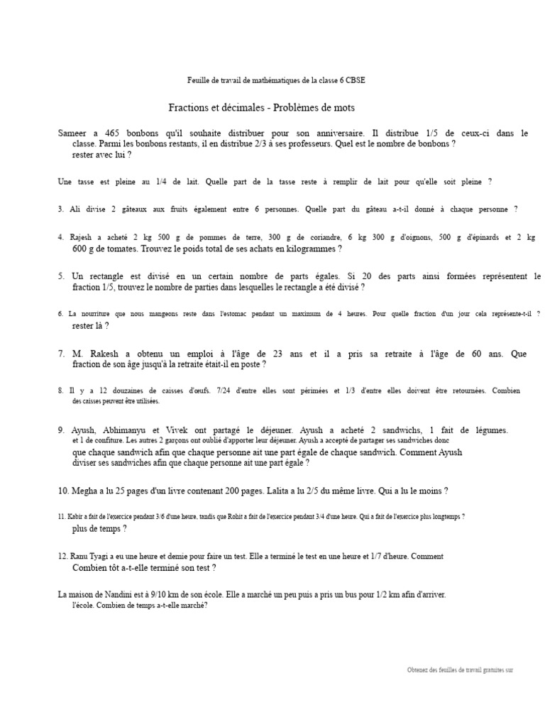 Problèmes de Mots - Fiche de Travail de La Classe 6 CBSE | PDF