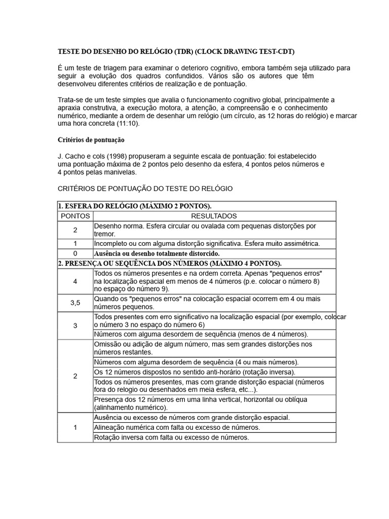 Teste do Desenho do Relógio: Avaliação Cognitiva | PDF | Desenho | Tempo