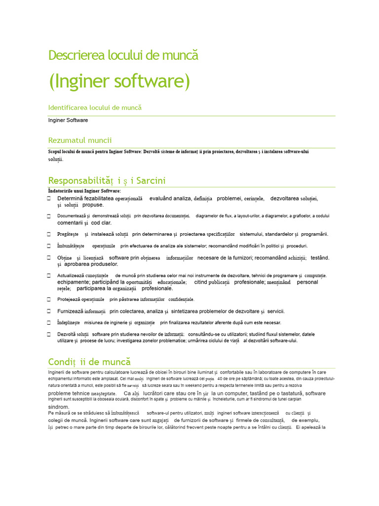 Descrierea Postului (Inginer Software) | PDF
