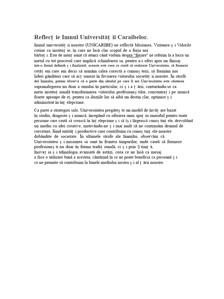 Reflexie Imnul Universității Din Caraibe | PDF