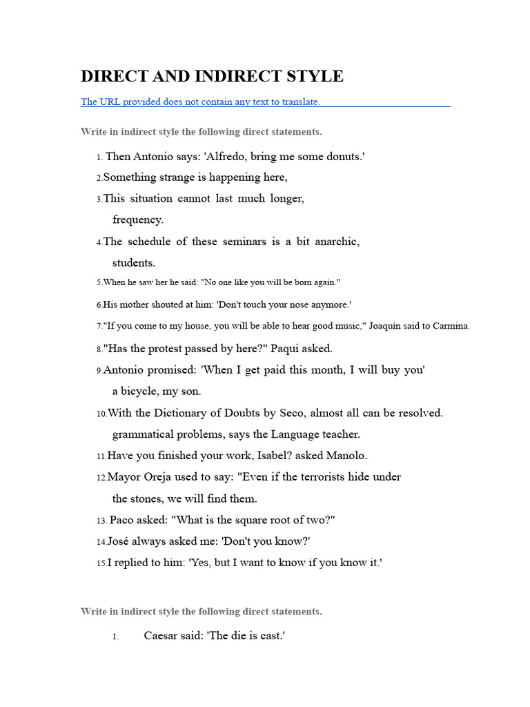 Direct and Indirect Style Exercises | PDF
