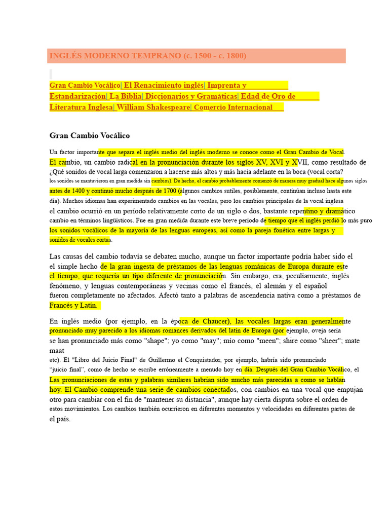 Evolución del Inglés Moderno Temprano | PDF | Idioma en Inglés ...