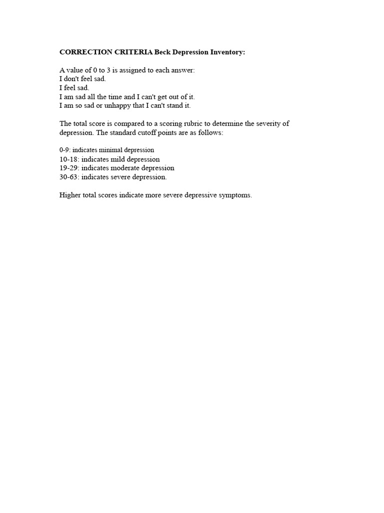 Beck Depression Inventory Scoring Guide | PDF