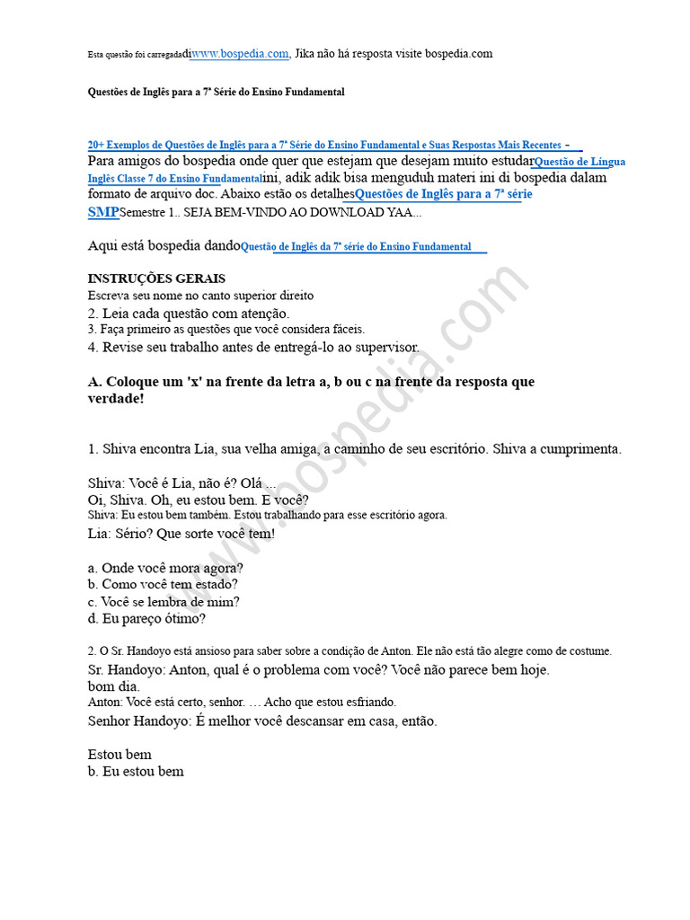 20+ Exemplos de Questões de Inglês para A 7 Série Do Ensino Fundamental ...
