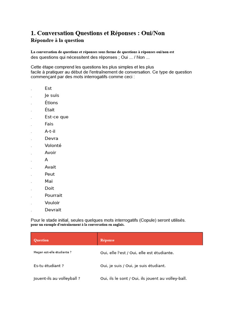 Questions de conversation Oui/Non et Wh | PDF | Grammaire | Syntaxe