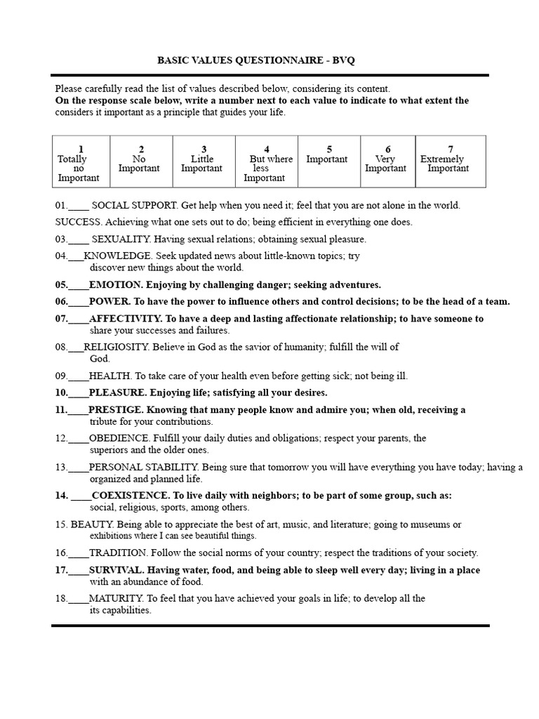 Personal Values Questionnaire | PDF | Pleasure | Social Psychology