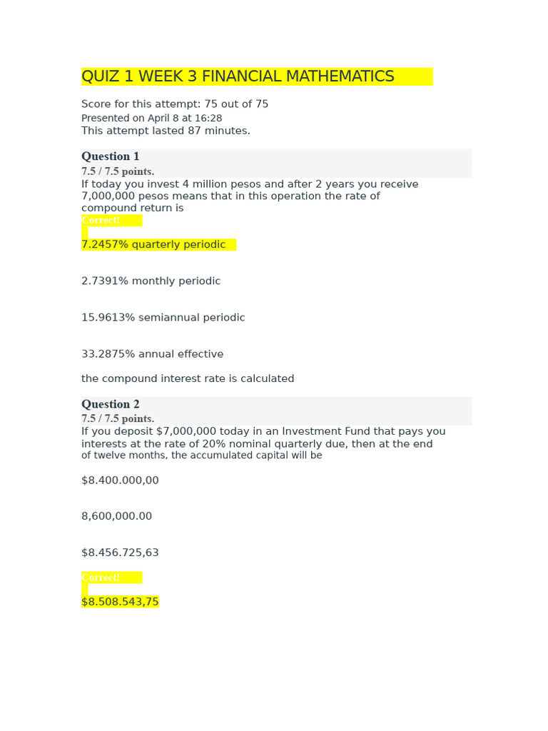 Financial Mathematics Quiz Results | PDF | Interest | Compound Interest