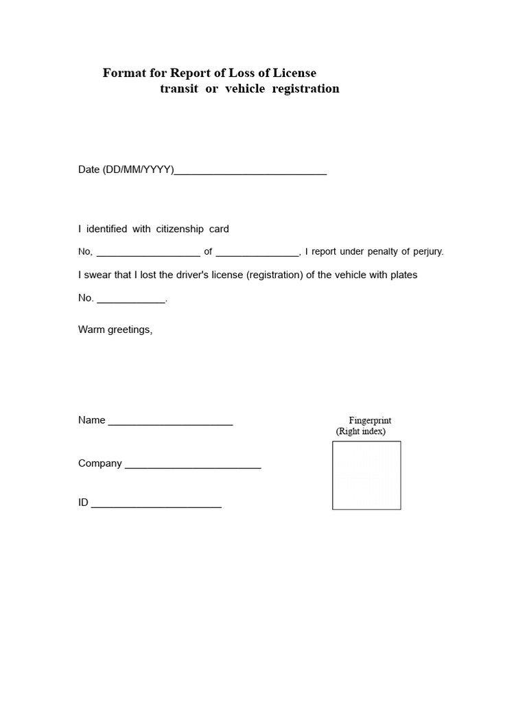 Format for Report of Loss of Driver's License or Vehicle Registration | PDF