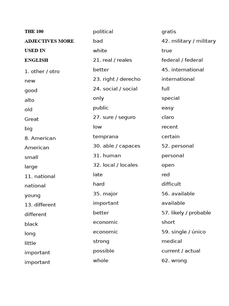Top 100 Adjectives in English | PDF