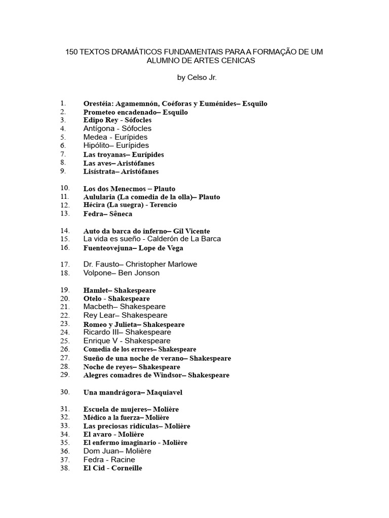150 Textos Dramáticos Fundamentales para La Formación de Un Estudiante ...