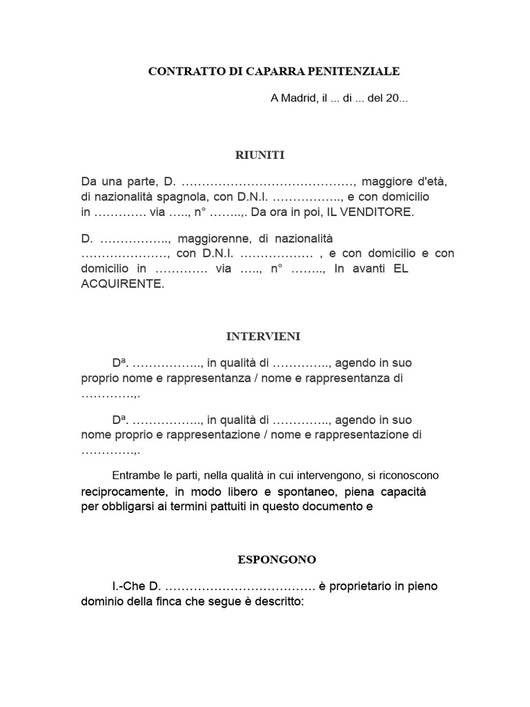 Contratto Di Caparra Penitenziale Word | PDF