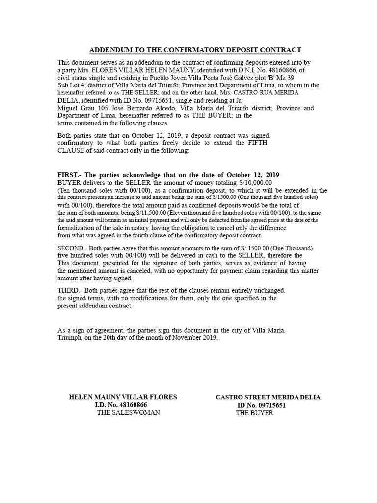 Addendum To The Confirmatory Deposit Contract | PDF | Business | Common Law