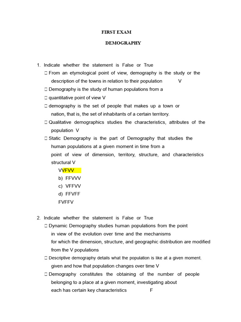 Demography Exam True/False Questions | PDF | Demography | Population
