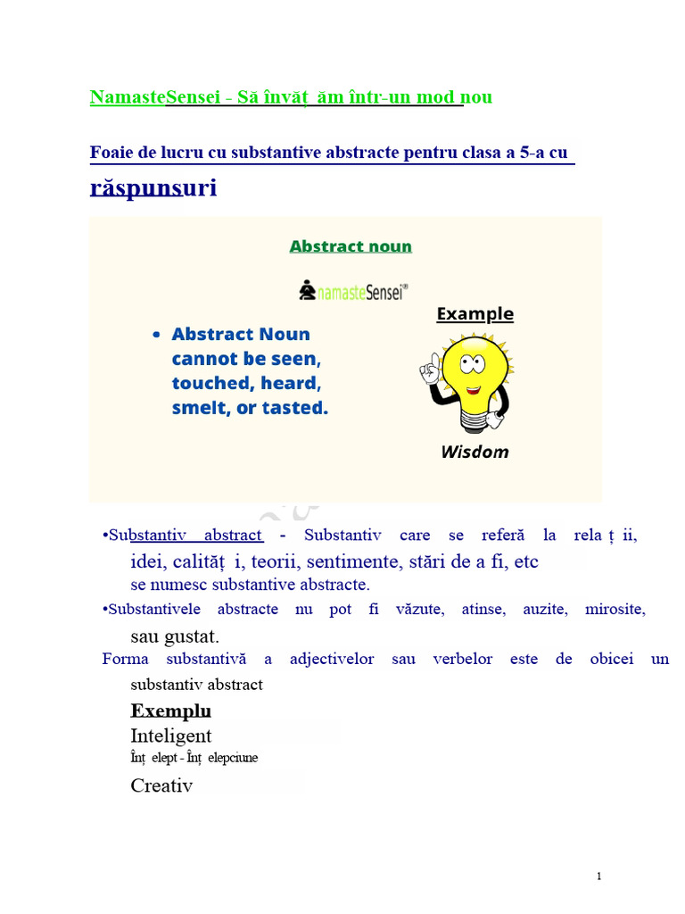 Fișa de Lucru Pentru Substantive Abstracte Pentru Clasa A 5-A Cu ...