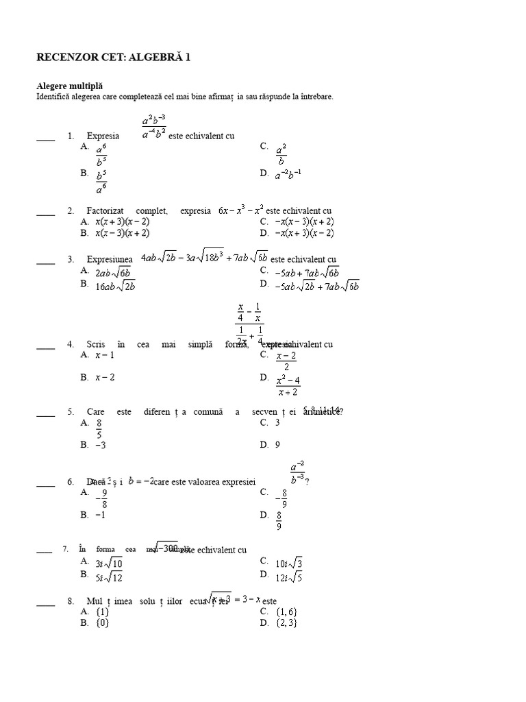 Cet Reviewer Algebra 1 | PDF