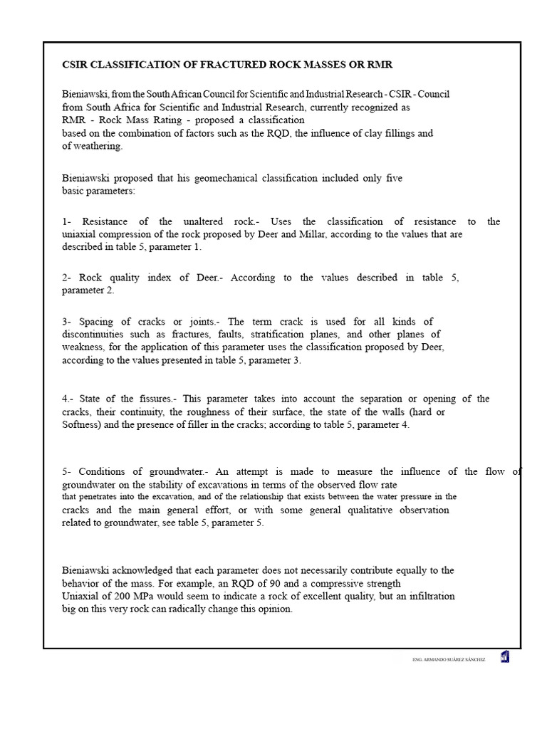 Csir Classification of Fractured Rock Masses RMR | PDF | Geology ...