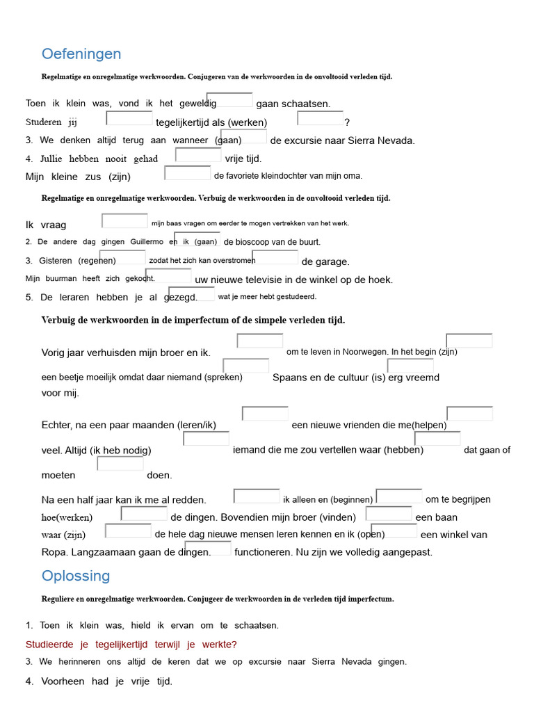 Onvoltooid Verleden Tijd en Imperfecto Oefeningen | PDF