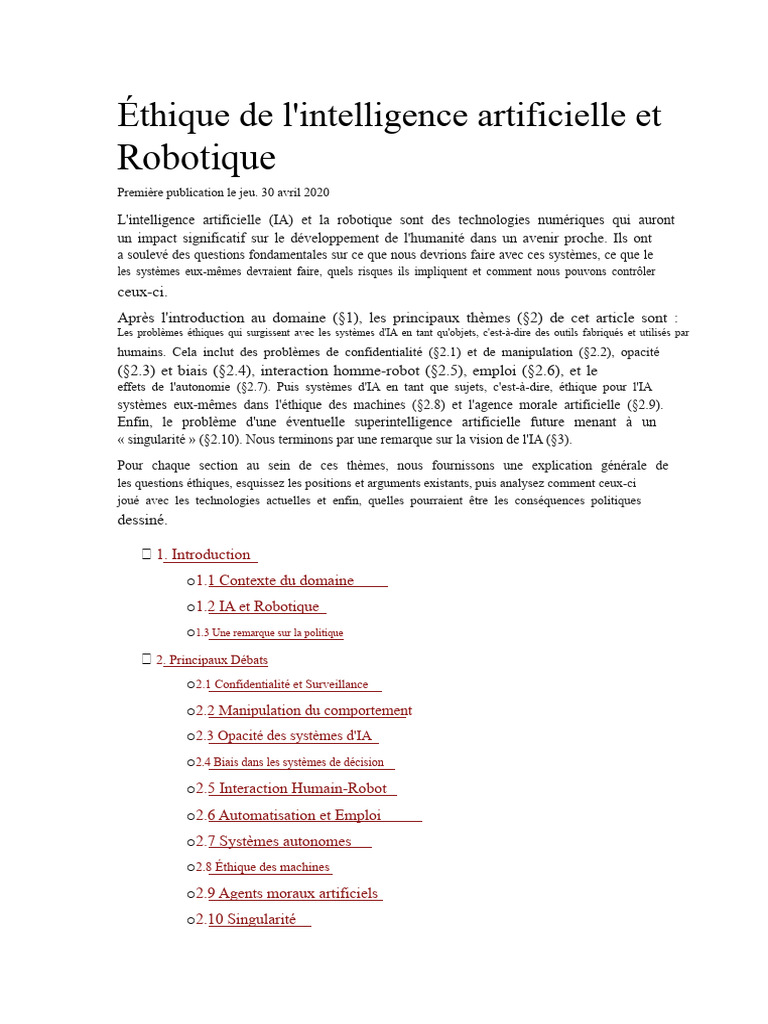 Éthique de l'IA et Robotique : Enjeux clés | PDF | Intelligence ...