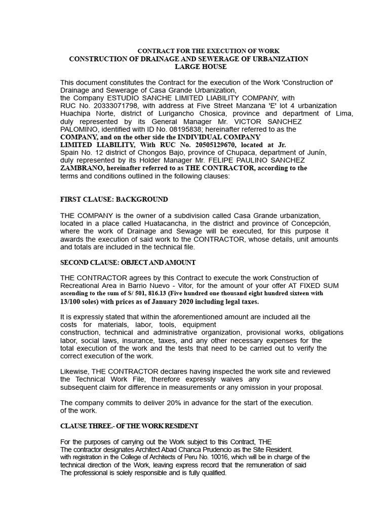 Drainage and Sewerage Contract Agreement | PDF | Employment | Insurance