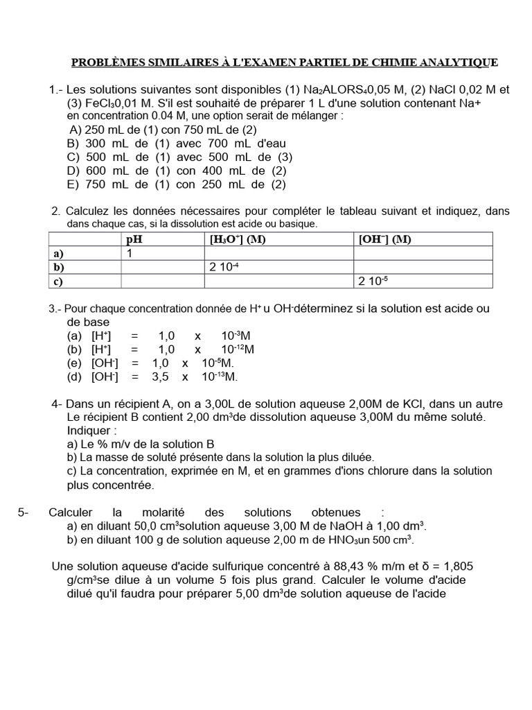 Problèmes de Chimie Analytique et Solutions | PDF | Acide | Ph